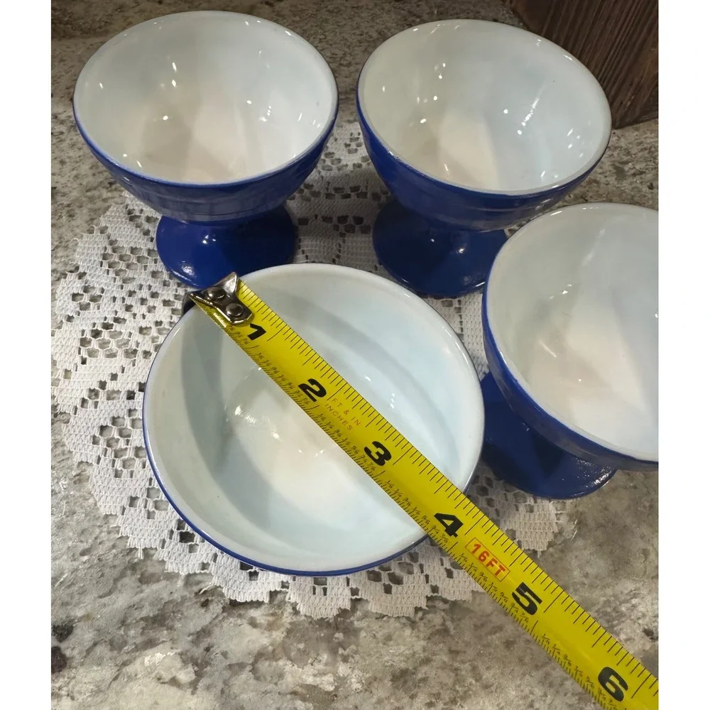 Vintage Cobalt Blue Milk Glass Footed Dessert Sherbet Bowls Set of 4 MCM Retro